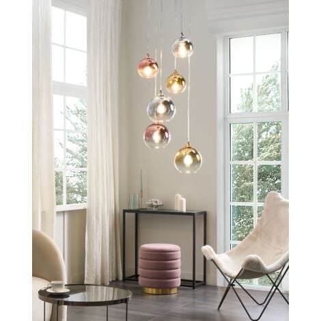 Hanging Pendant Lamp Round Shades Semi Transparent Smoked Glass 6 Light Metal Multicolour Brass Copper Silver Tooma