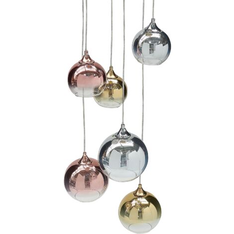 Hanging Pendant Lamp Round Shades Semi Transparent Smoked Glass 6 Light Metal Multicolour Brass Copper Silver Tooma