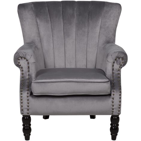 Modern Velvet Wingback Chair Grey Scroll Roll Arms Solid Wood Legs Svedala