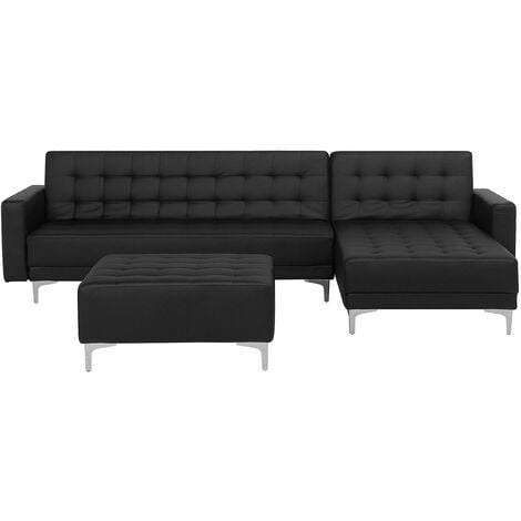 Modular Left Hand L-Shaped Corner Sofa Bed Ottoman PU Leather Black Aberdeen