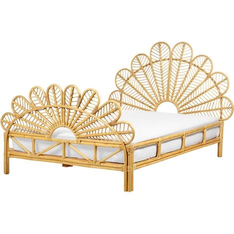 Boho Modern Bedroom EU Double Bed with Slatted Base 4ft6 Rattan Decorative Braided Peacock Headboard Light Wood Florentine