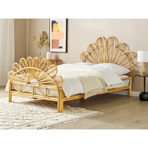 Boho Modern Bedroom EU Double Bed with Slatted Base 4ft6 Rattan Decorative Braided Peacock Headboard Light Wood Florentine