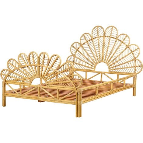 Boho Modern Bedroom EU Double Bed with Slatted Base 4ft6 Rattan Decorative Braided Peacock Headboard Light Wood Florentine