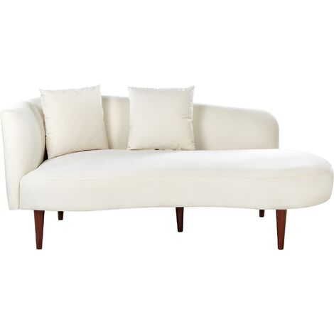 Left Hand Velvet Chaise Lounge Upholstery Dark Wood Legs Throw Pillows Modern Design Cream Chaumont