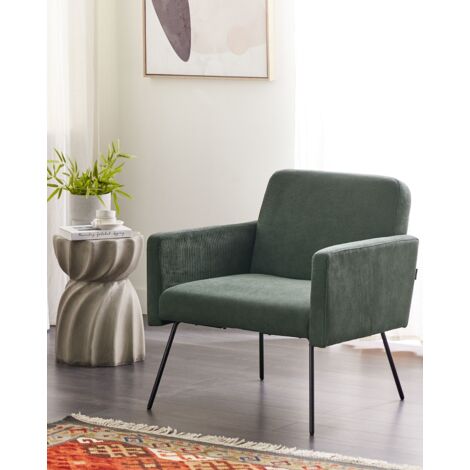 Modern Retro Armchair Corduroy Slender Black Metal Legs Living Room Bedroom Dark Green Narken