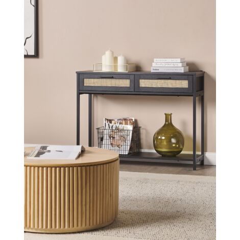 Boho Rattan Front 2 Drawer Console Table MDF Black Wooden Legs Living Room Bedroom Hallway Black 100 x 30 cm Opoco