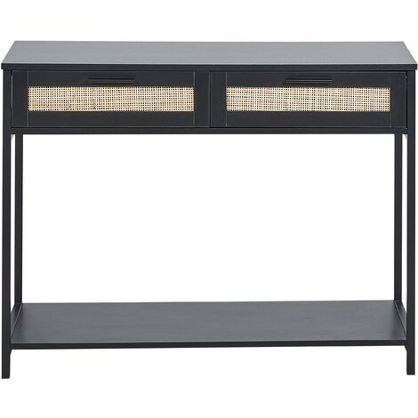 Boho Rattan Front 2 Drawer Console Table MDF Black Wooden Legs Living Room Bedroom Hallway Black 100 x 30 cm Opoco