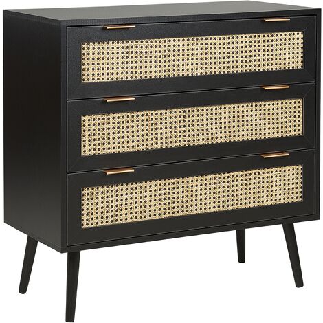 Rattan 3 Drawer Chest Wicker Front MDF Black Rubberwood Legs Boho Style Cabinet Living Room Black Opoco