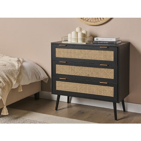 Rattan 3 Drawer Chest Wicker Front MDF Black Rubberwood Legs Boho Style Cabinet Living Room Black Opoco