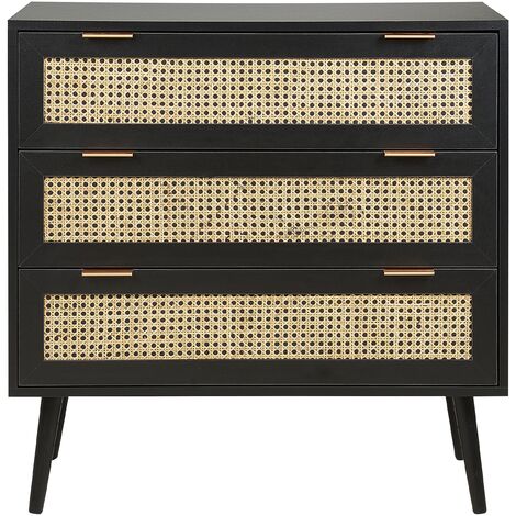 Rattan 3 Drawer Chest Wicker Front MDF Black Rubberwood Legs Boho Style Cabinet Living Room Black Opoco