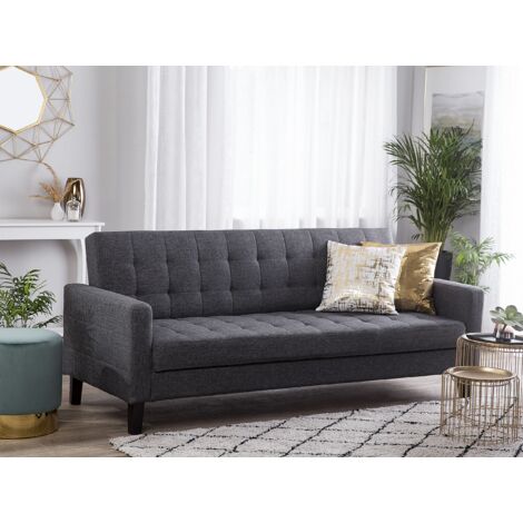 Modern 3 Seater Sofa Bed Tufted Fabric Upholstery Track Arms Dark Grey Vehkoo