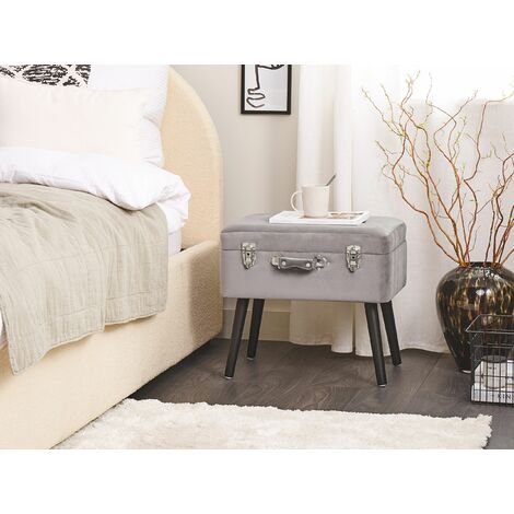 Modern Velvet Storage Stool Light Grey Fabric Suitcase Chest Buttoned Mallard