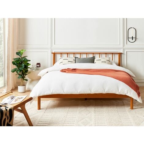 Modern EU King Size Bed Frame 5ft3 Slatted Base Headboard Light Pine Wood Barret II