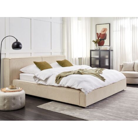 Classic Upholstered Corduroy Bed EU Super King Size 6ft Frame Slatted Base Beige Linards