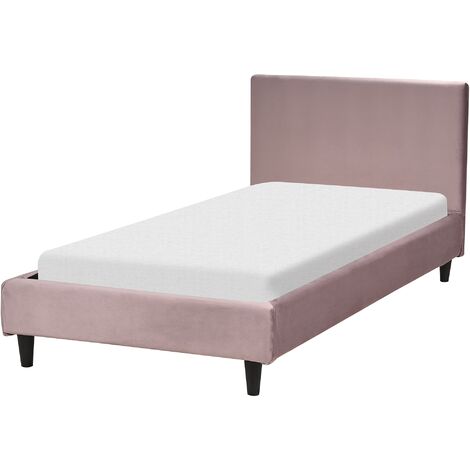 Modern Velvet EU Single Size Bed Frame 3ft Slatted Base Headboard Wooden Legs Panel Bed Pink Fitou