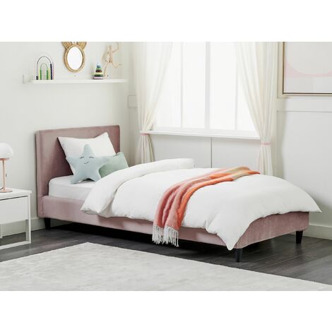 Modern Velvet EU Single Size Bed Frame 3ft Slatted Base Headboard Wooden Legs Panel Bed Pink Fitou