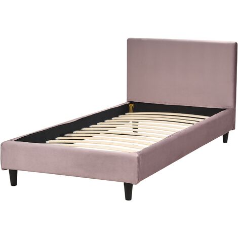 Modern Velvet EU Single Size Bed Frame 3ft Slatted Base Headboard Wooden Legs Panel Bed Pink Fitou
