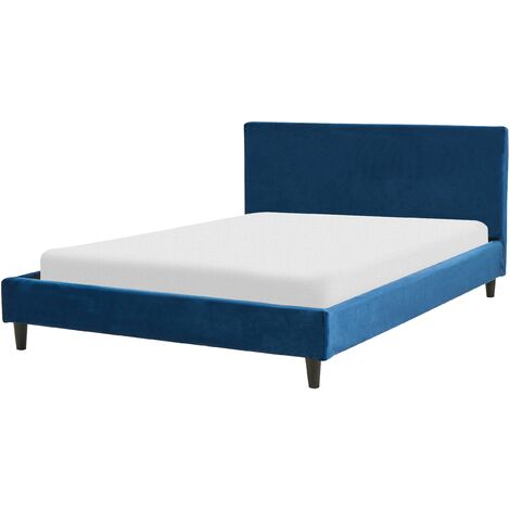 Modern Velvet EU Double Size Bed Frame 4ft6 Slatted Base Panel Bed Wooden Legs Blue Fitou