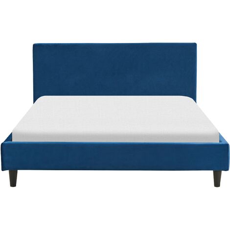 Modern Velvet EU Double Size Bed Frame 4ft6 Slatted Base Panel Bed Wooden Legs Blue Fitou
