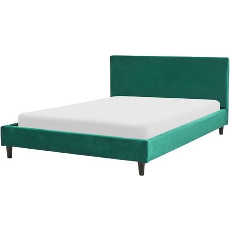 Modern Velvet EU Double Size Bed Frame 4ft6 Slatted Base Panel Bed Wooden Legs Green Fitou