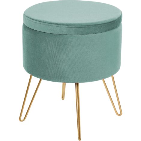 Modern Glamour Storage Ottoman Footstool Pouffe Velvet Upholstery Gold Metal Legs 42 x 42 x 44 cm Pastel Mint Green Silas