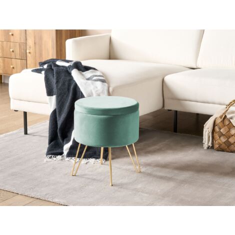 Modern Glamour Storage Ottoman Footstool Pouffe Velvet Upholstery Gold Metal Legs 42 x 42 x 44 cm Pastel Mint Green Silas