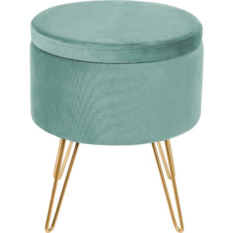 Modern Glamour Storage Ottoman Footstool Pouffe Velvet Upholstery Gold Metal Legs 42 x 42 x 44 cm Pastel Mint Green Silas