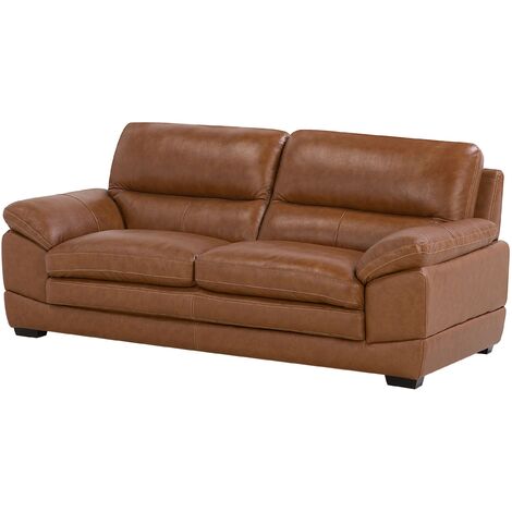 Genuine Leather Upholstered Living Room 3 Seater Sofa Golden Brown Horten