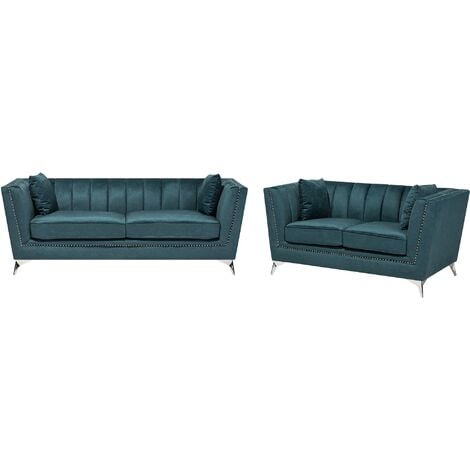 Luxurious Velvet Living Room Sofa Set 3 +2 Seater Nail Head Trim Teal Blue Gaula