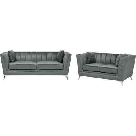 Luxurious Velvet Living Room Sofa Set 3 +2 Seater Nail Head Trim Grey Gaula