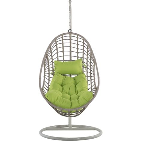 Rattan Hanging Egg Chair with Stand Swing Green Cushion PE Wicker Beige Arpino