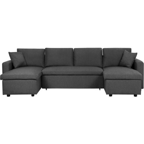 Modern Fabric Corner Sofa Bed Dark Grey Polyester U-Shaped Storage Sleeper Convertible Sommen