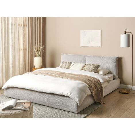 Modern Upholstered Corduroy Bed EU Super King Size 6ft Frame Slatted Base Beige Vinay