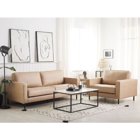 Modern Faux Leather Sofa Set 3 Seater Armchair Metal Legs Beige Savalen