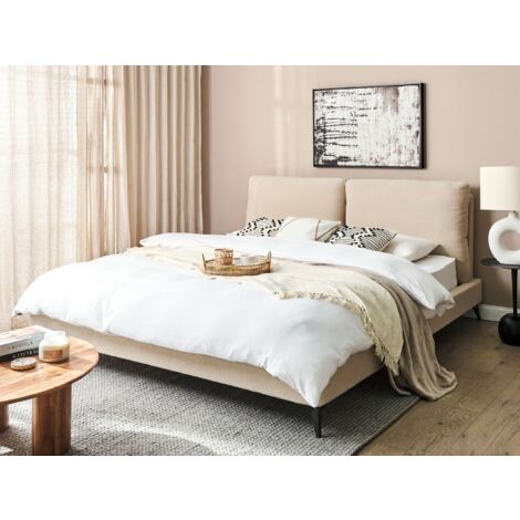 Modern Boucle Upholstered EU Super King Size Bed Frame 6ft Beige Slatted Base Melle