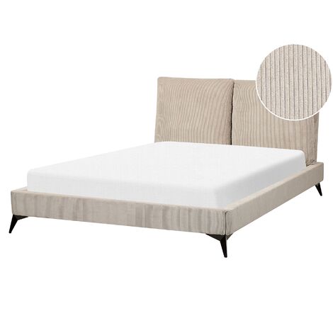 Modern Corduroy Upholstery EU Double Size Bed Frame 4ft6 Taupe Cushioned Headboard Slatted Base Melle
