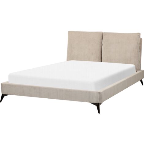 Modern Corduroy Upholstery EU Double Size Bed Frame 4ft6 Taupe Cushioned Headboard Slatted Base Melle