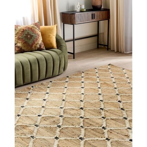 Braided Jute Area Rug Natural Boho Style Geometric Pattern Floor Mat 200 x  300 cm Beige