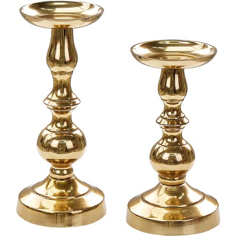 Set of 2 Candle Holders Glossy Metallic Glamour for Pillar Candles Gold ...