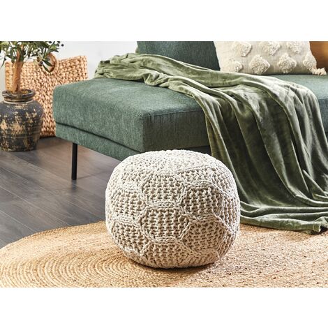 Modern Macrame Pouffe and Footstool Chunky Handwoven Ottoman Cotton and Polyester Light Beige 50 x 50 x 35 cm Triman