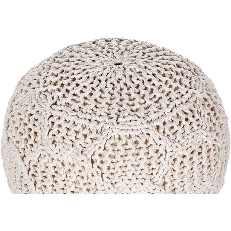 Modern Macrame Pouffe and Footstool Chunky Handwoven Ottoman Cotton and Polyester Light Beige 50 x 50 x 35 cm Triman