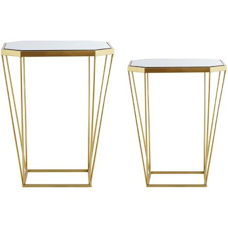 Set of 2 Tables Modern Gold Mirror Tabletop Geometric Metal Sierra