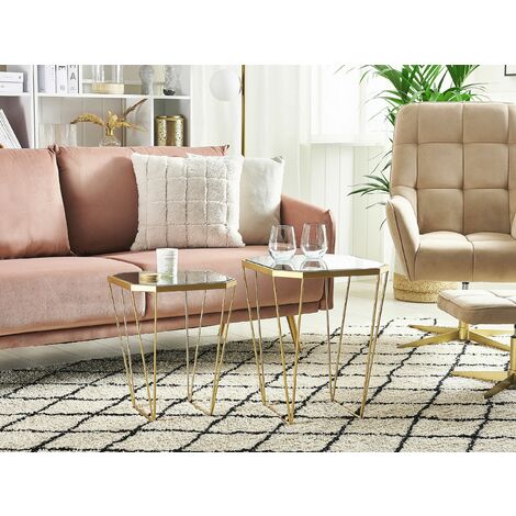 Set of 2 Tables Modern Gold Mirror Tabletop Geometric Metal Sierra