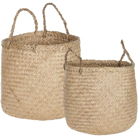 Handwoven Set of 2 Seagrass Basket with Handles Natural Colour Woven Decoration Accessory Halong