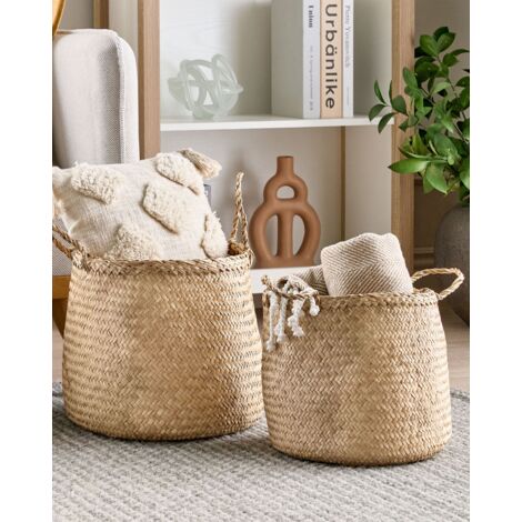 Handwoven Set of 2 Seagrass Basket with Handles Natural Colour Woven Decoration Accessory Halong