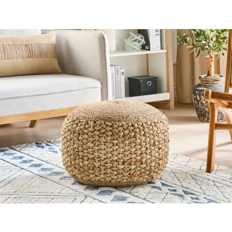 Boho Knitted Round Pouffe Ottoman Jute 50 x 35 cm Beige Dinni