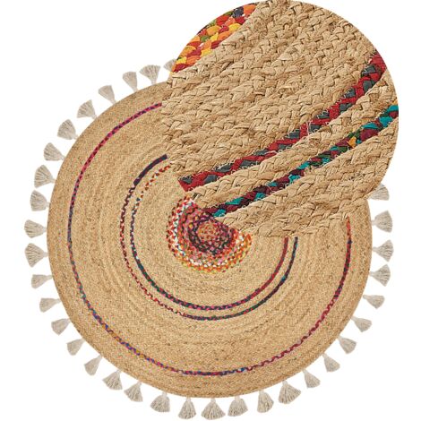 Boho Area Rug Jute ø 140 cm Round Handwoven with Decorative Tassels ...