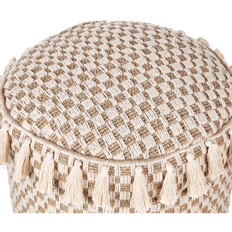 Boho Handwoven Round Pouffe Ottoman Seagrass Cotton 50 cm Natural Beige Pirak