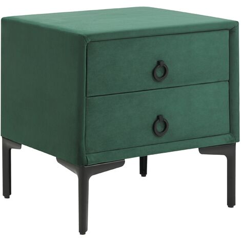 Velvet Bedside Table Nightstand Dark Green 2 Storage Drawers Black Metal Legs Sezanne