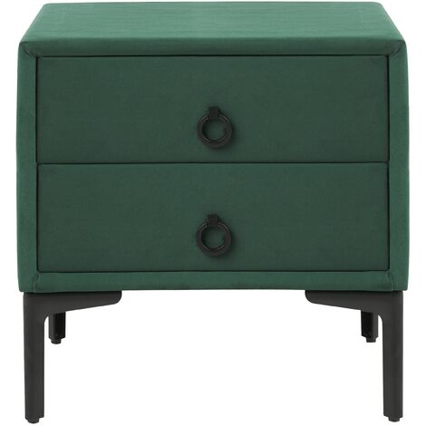 Velvet Bedside Table Nightstand Dark Green 2 Storage Drawers Black Metal Legs Sezanne